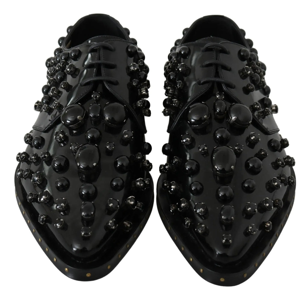 Dolce & Gabbana Black Leather Crystals Dress Broque Shoes - Zeiniez