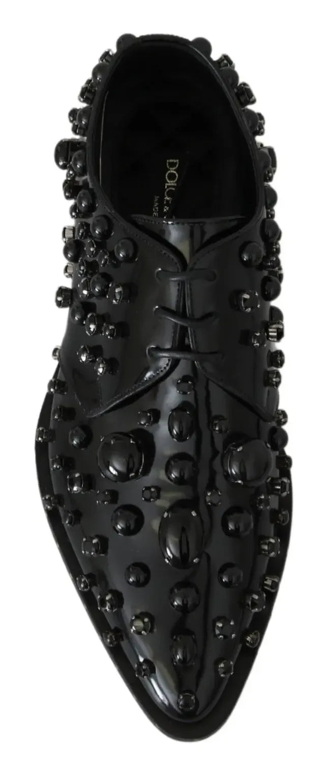 Dolce & Gabbana Black Leather Crystals Dress Broque Shoes - Zeiniez
