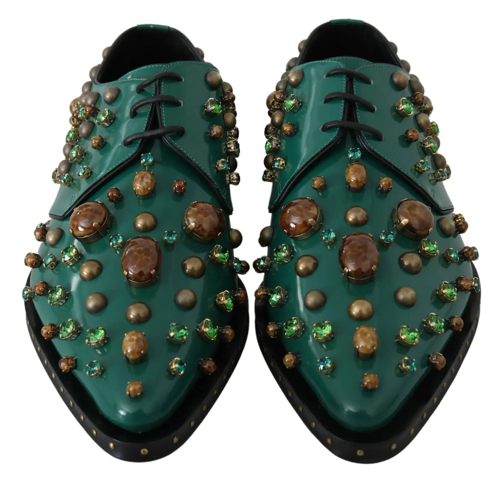 Dolce & Gabbana Green Leather Crystal Dress Broque Shoes - Zeiniez