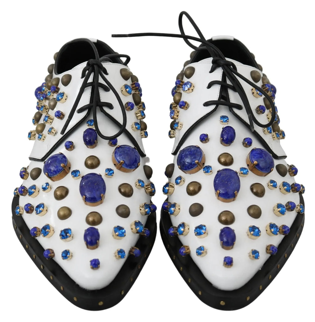 Dolce & Gabbana White Leather Crystals Dress Broque Shoes - Zeiniez