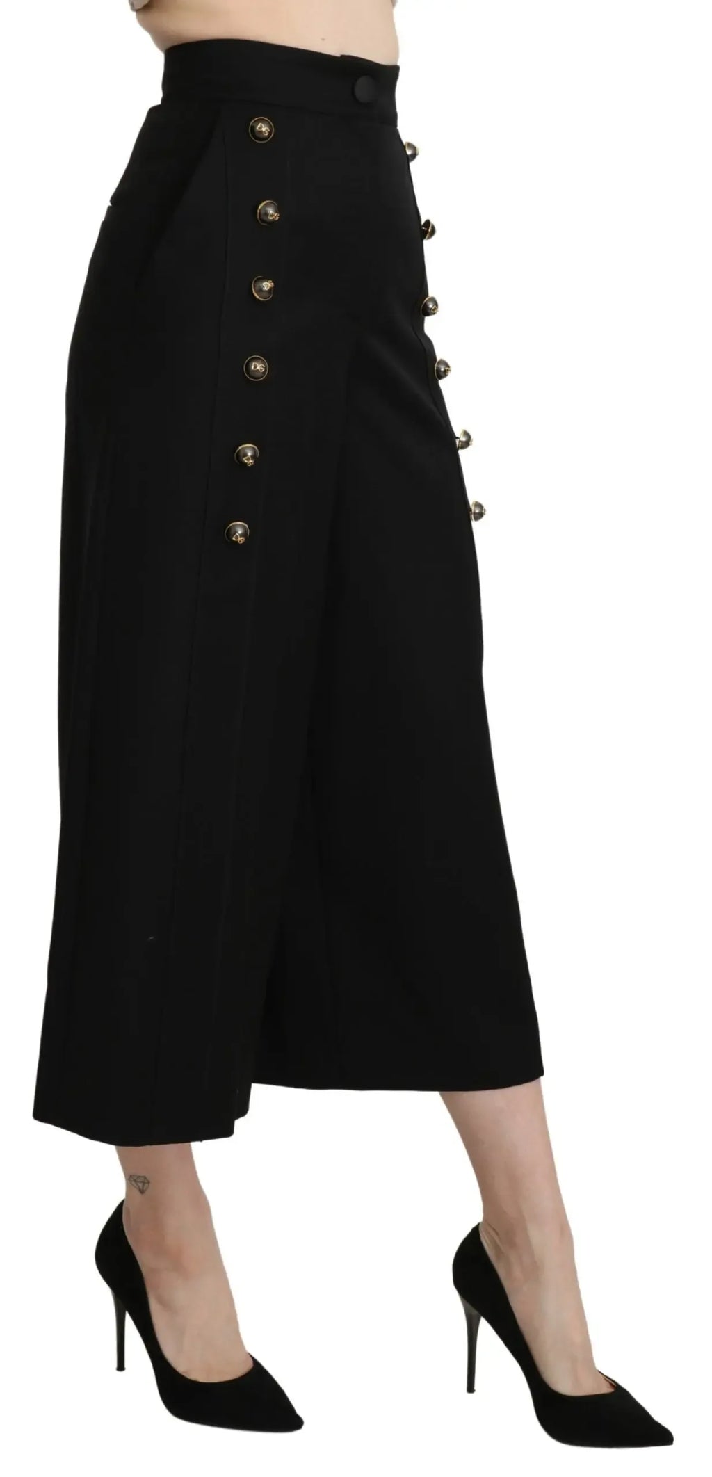 Dolce & Gabbana Black Wide Wool Leg Cropped Trouser Pant - Zeiniez