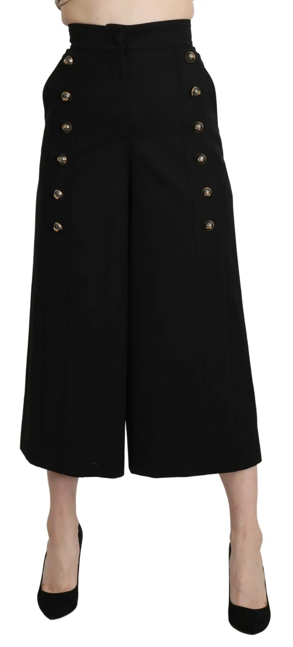 Dolce & Gabbana Black Wide Wool Leg Cropped Trouser Pant - Zeiniez