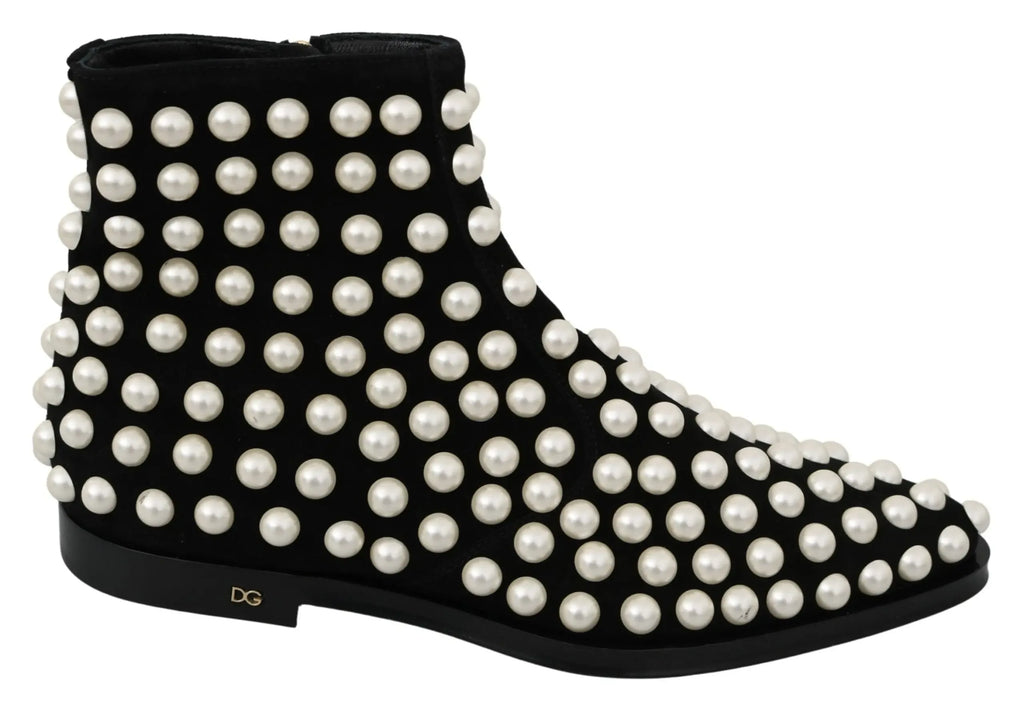 Dolce & Gabbana Black Suede Pearl Studs Boots Shoes - Zeiniez