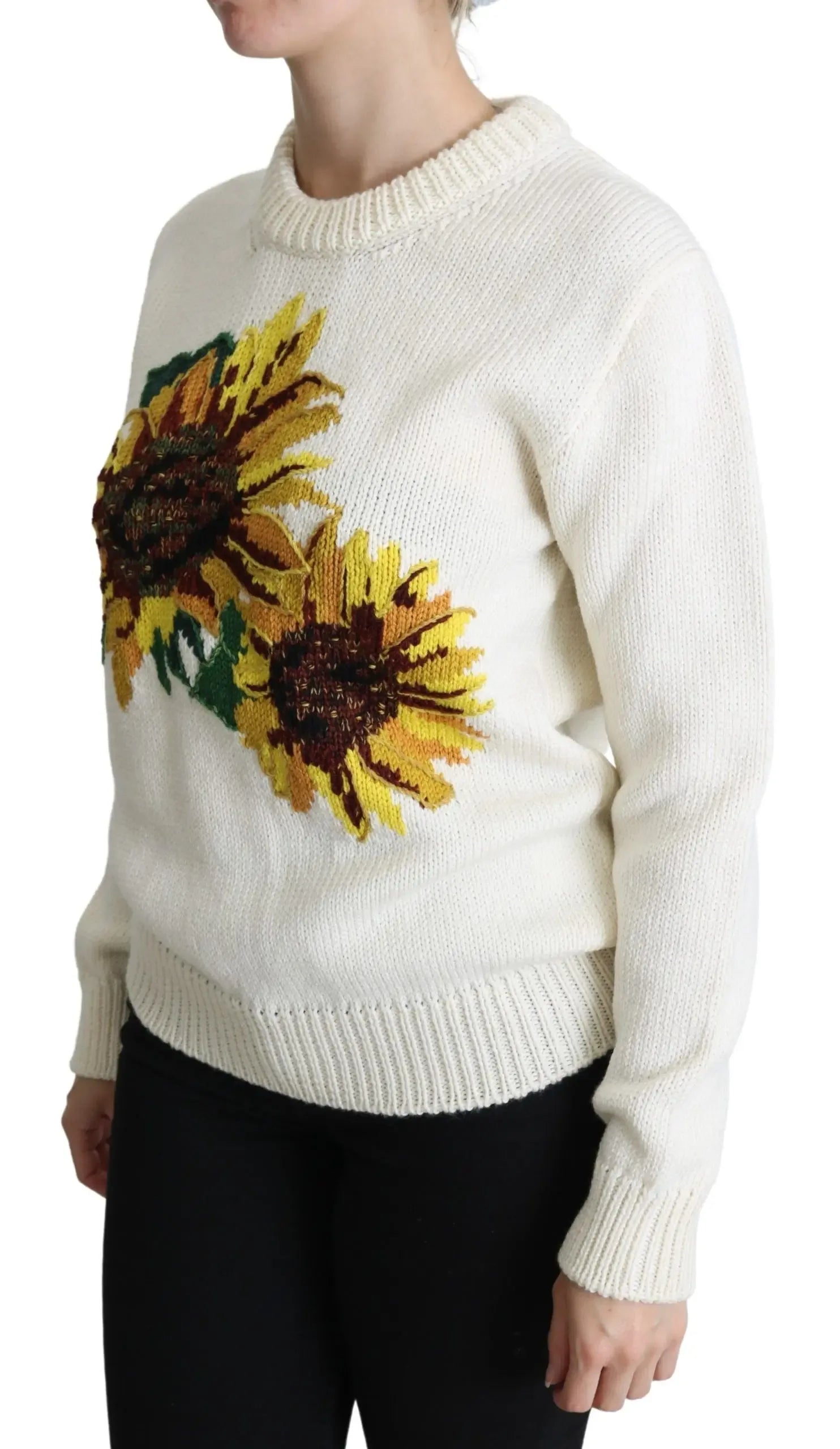 Dolce & Gabbana White Floral Wool Pullover Sunflower Sweater - Zeiniez