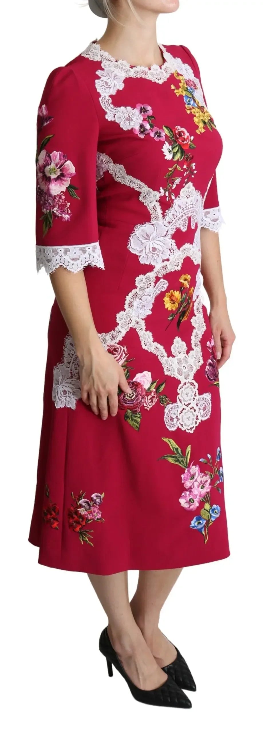 Dolce & Gabbana Red Floral Embroidered Sheath Midi Dress - Zeiniez