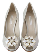 Dolce & Gabbana White Crystals Peep Toe Heels Satin Pumps Shoes - Zeiniez