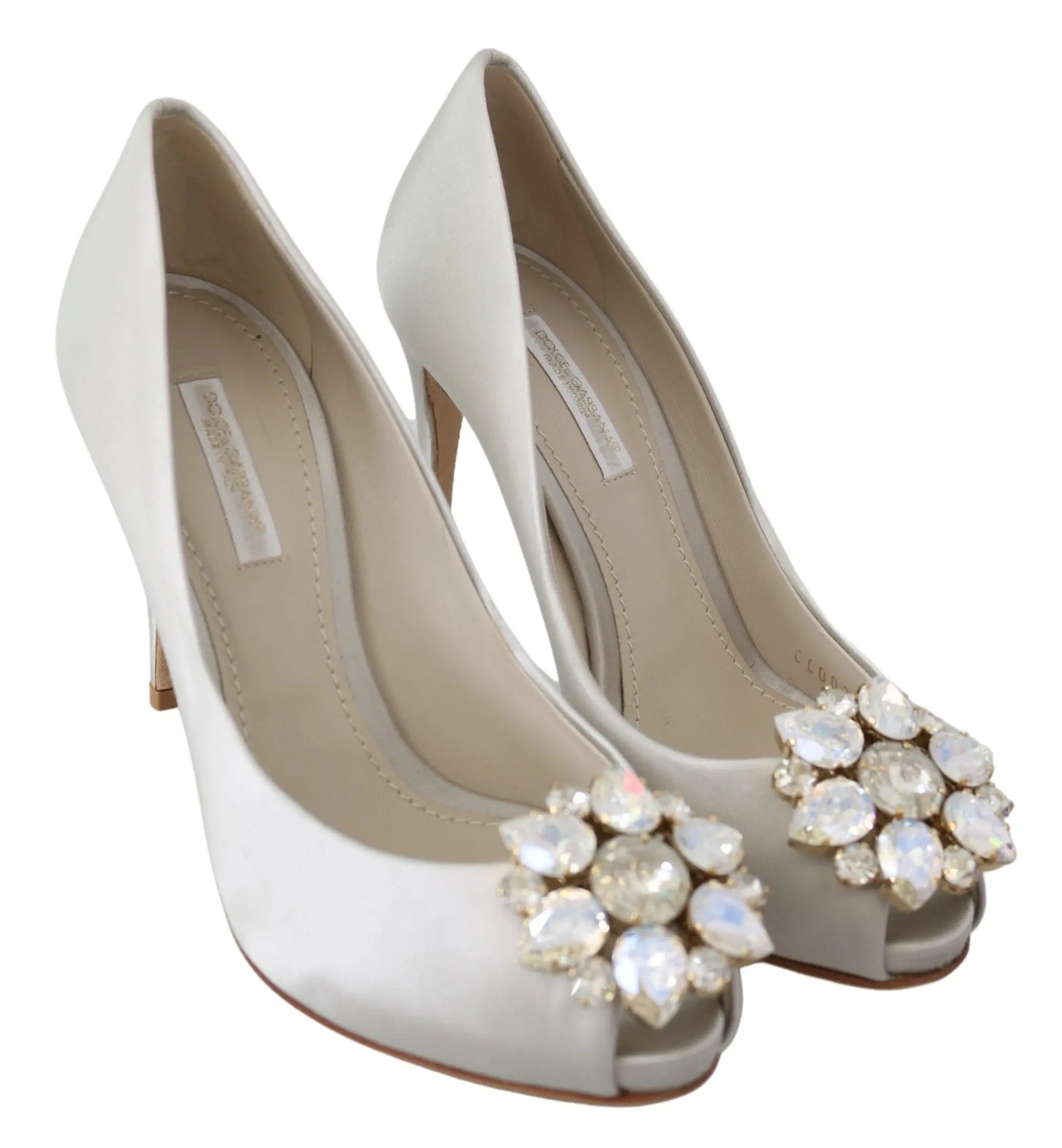 Dolce & Gabbana White Crystals Peep Toe Heels Satin Pumps Shoes - Zeiniez