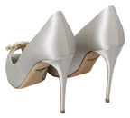 Dolce & Gabbana White Crystals Peep Toe Heels Satin Pumps Shoes - Zeiniez