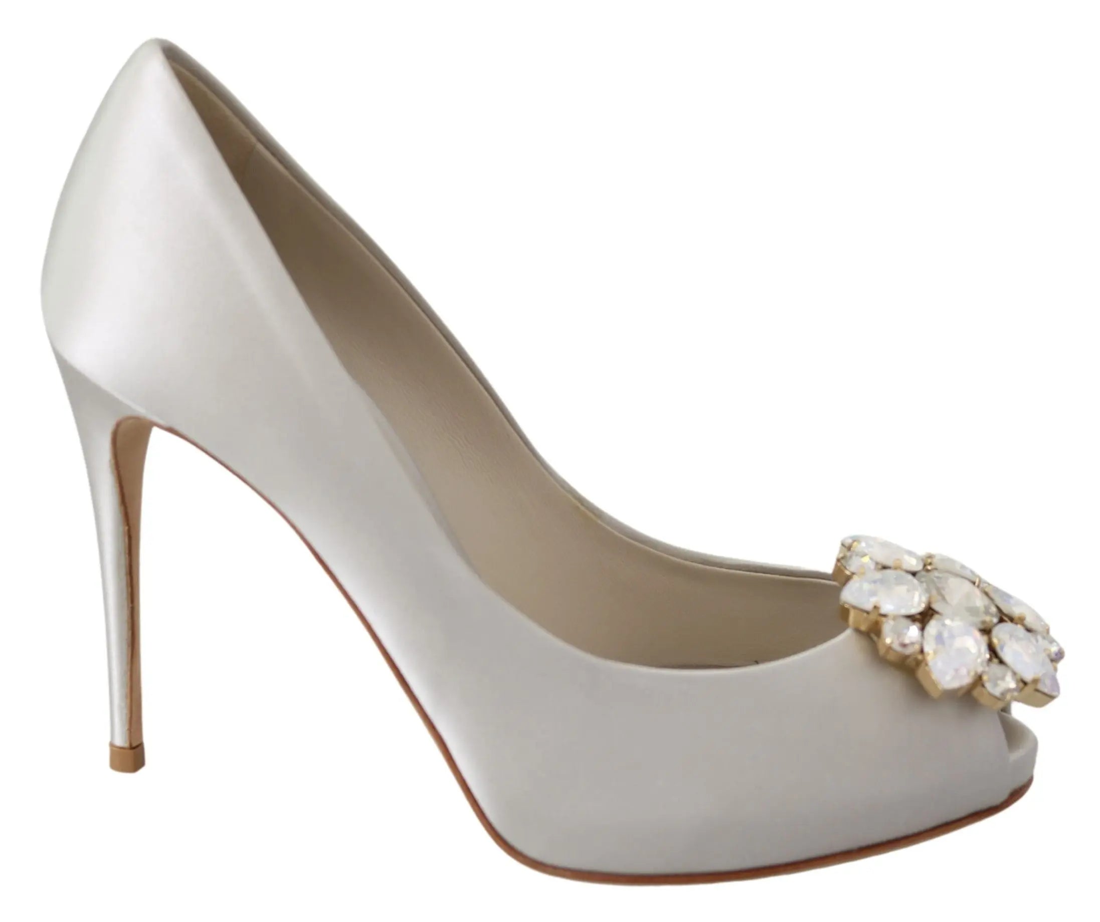 Dolce & Gabbana White Crystals Peep Toe Heels Satin Pumps Shoes - Zeiniez