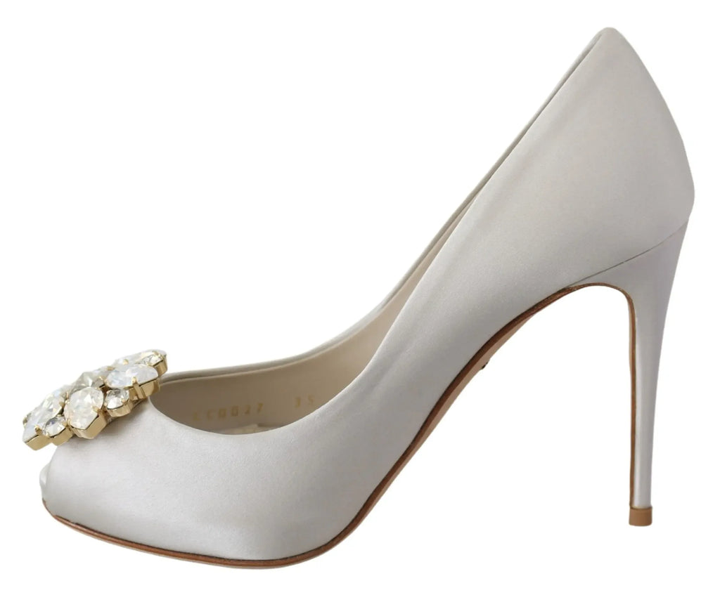 Dolce & Gabbana White Crystals Peep Toe Heels Satin Pumps Shoes - Zeiniez