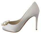 Dolce & Gabbana White Crystals Peep Toe Heels Satin Pumps Shoes - Zeiniez