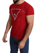 Guess Red Cotton Logo Print Men Casual Top Perforated T-shirt - Zeiniez