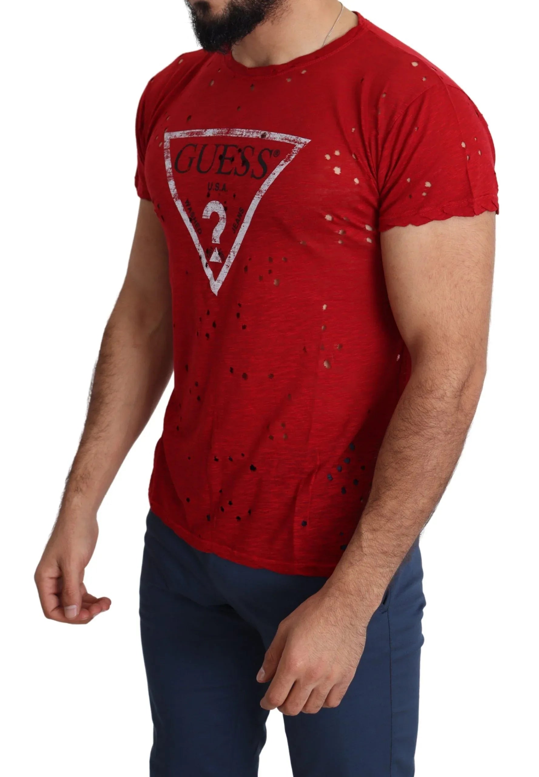 Guess Red Cotton Logo Print Men Casual Top Perforated T-shirt - Zeiniez