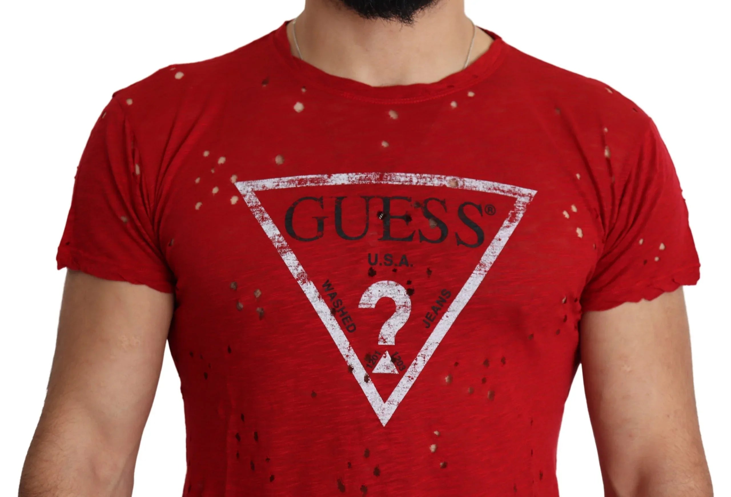 Guess Red Cotton Logo Print Men Casual Top Perforated T-shirt - Zeiniez