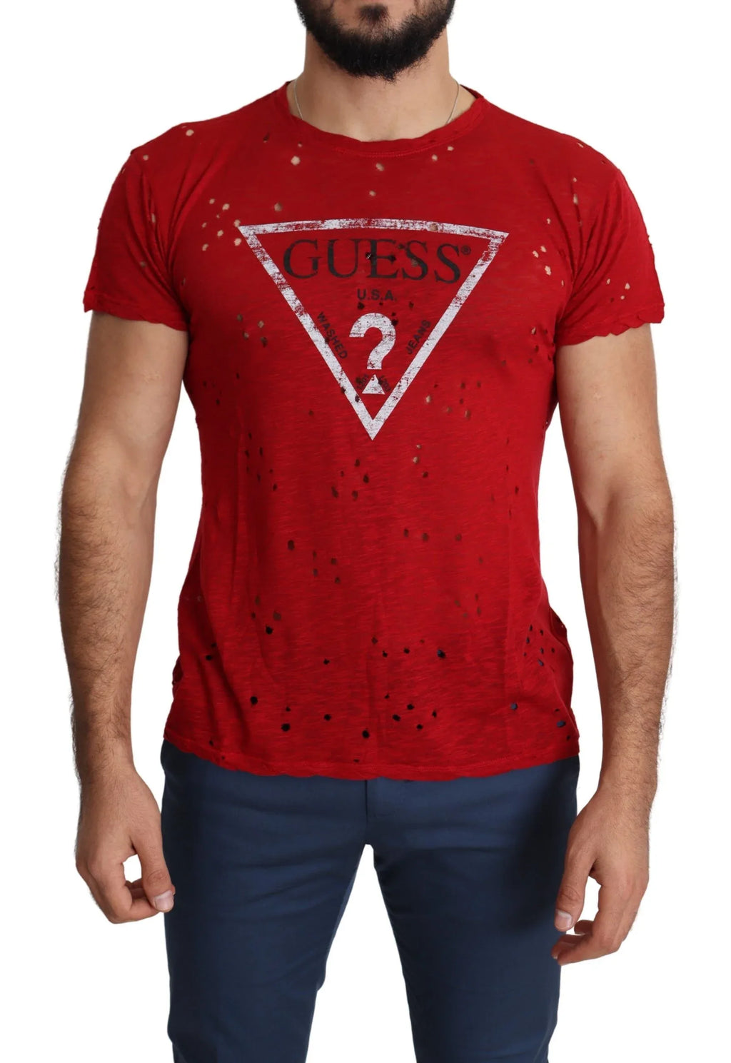 Guess Red Cotton Logo Print Men Casual Top Perforated T-shirt - Zeiniez
