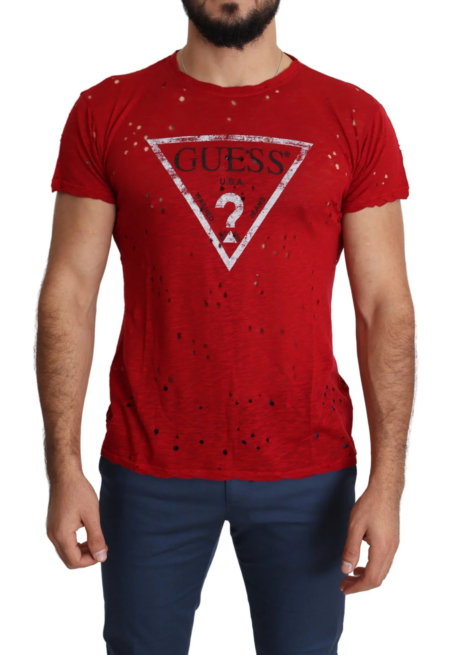 Guess Red Cotton Logo Print Men Casual Top Perforated T-shirt - Zeiniez