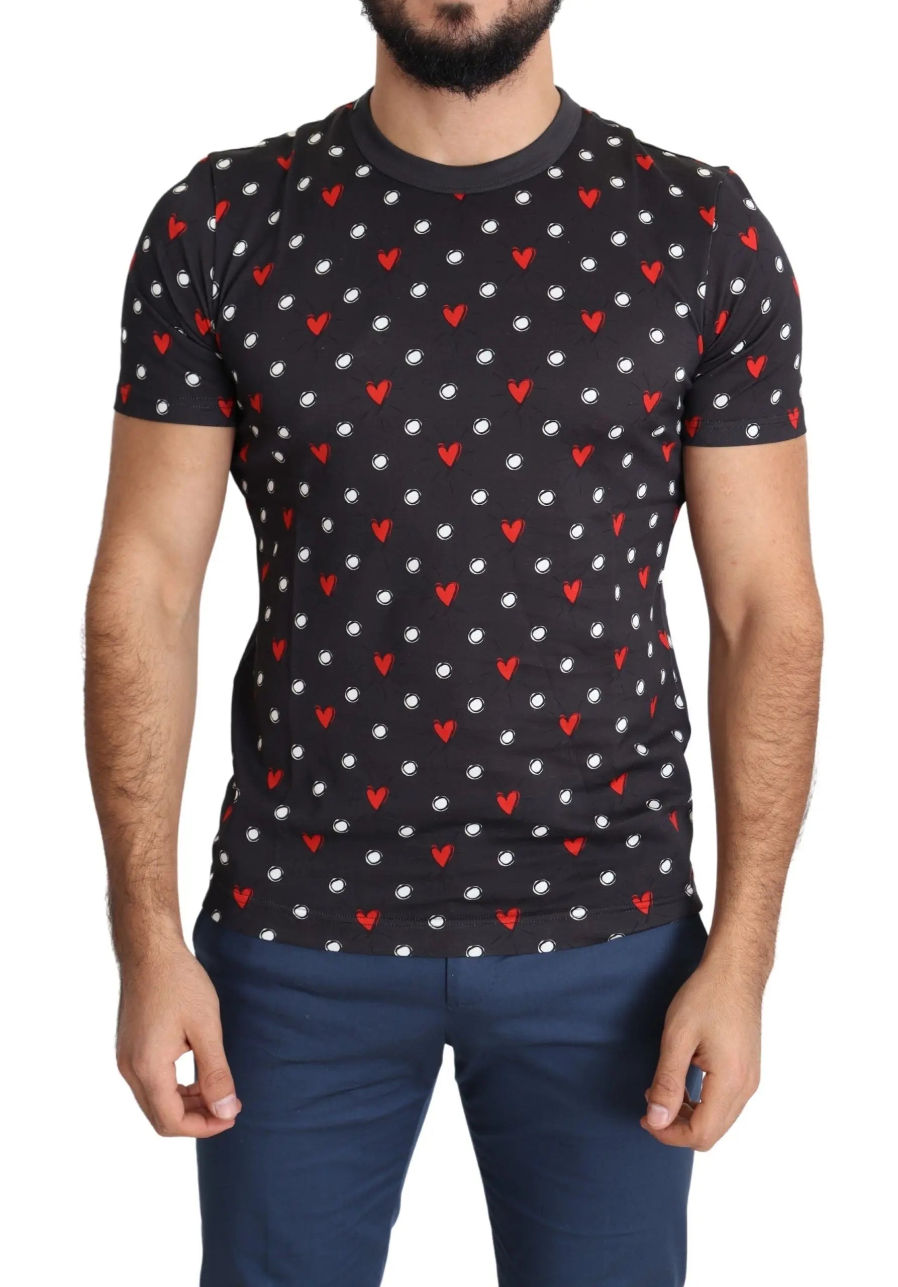 Dolce & Gabbana Dark Gray Hearts Print Cotton Men T-shirt - Zeiniez