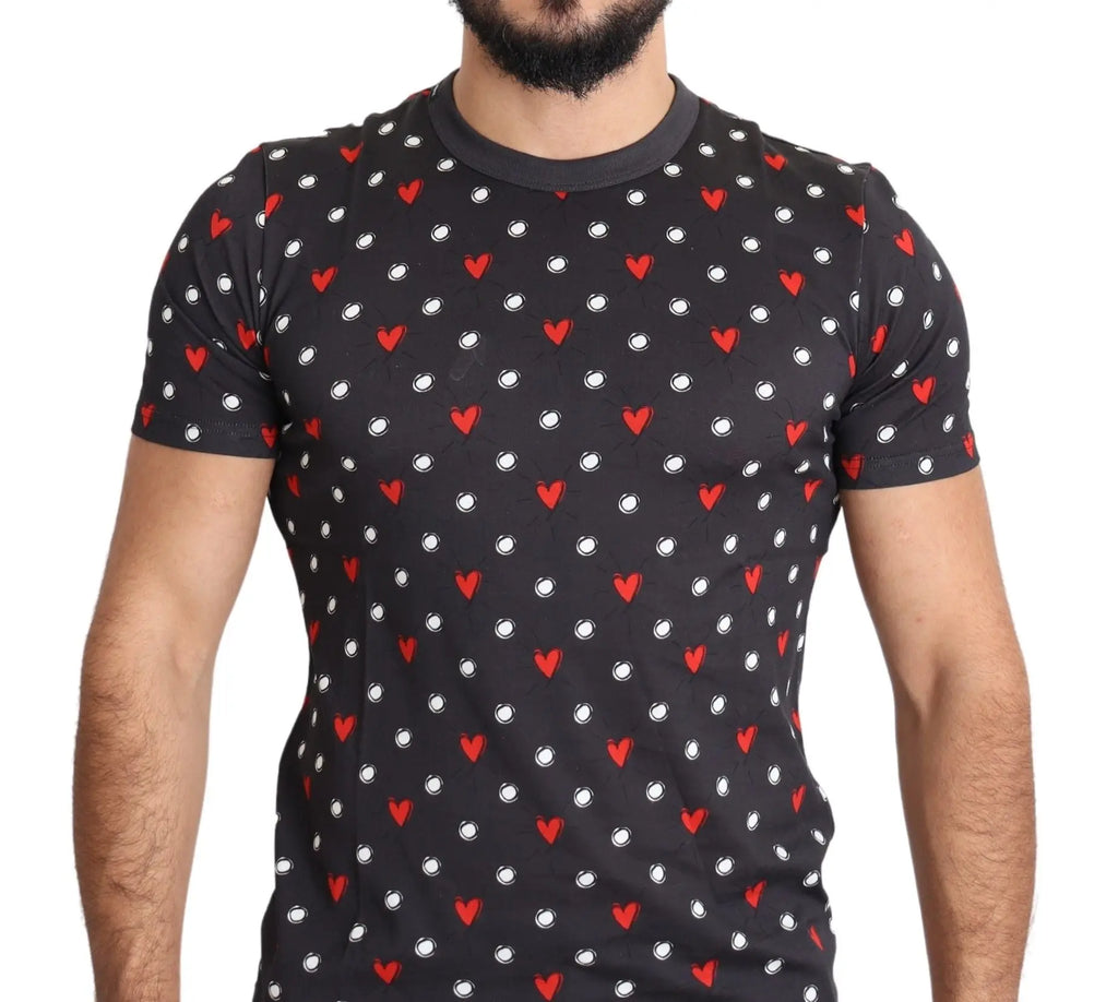 Dolce & Gabbana Dark Gray Hearts Print Cotton Men T-shirt - Zeiniez
