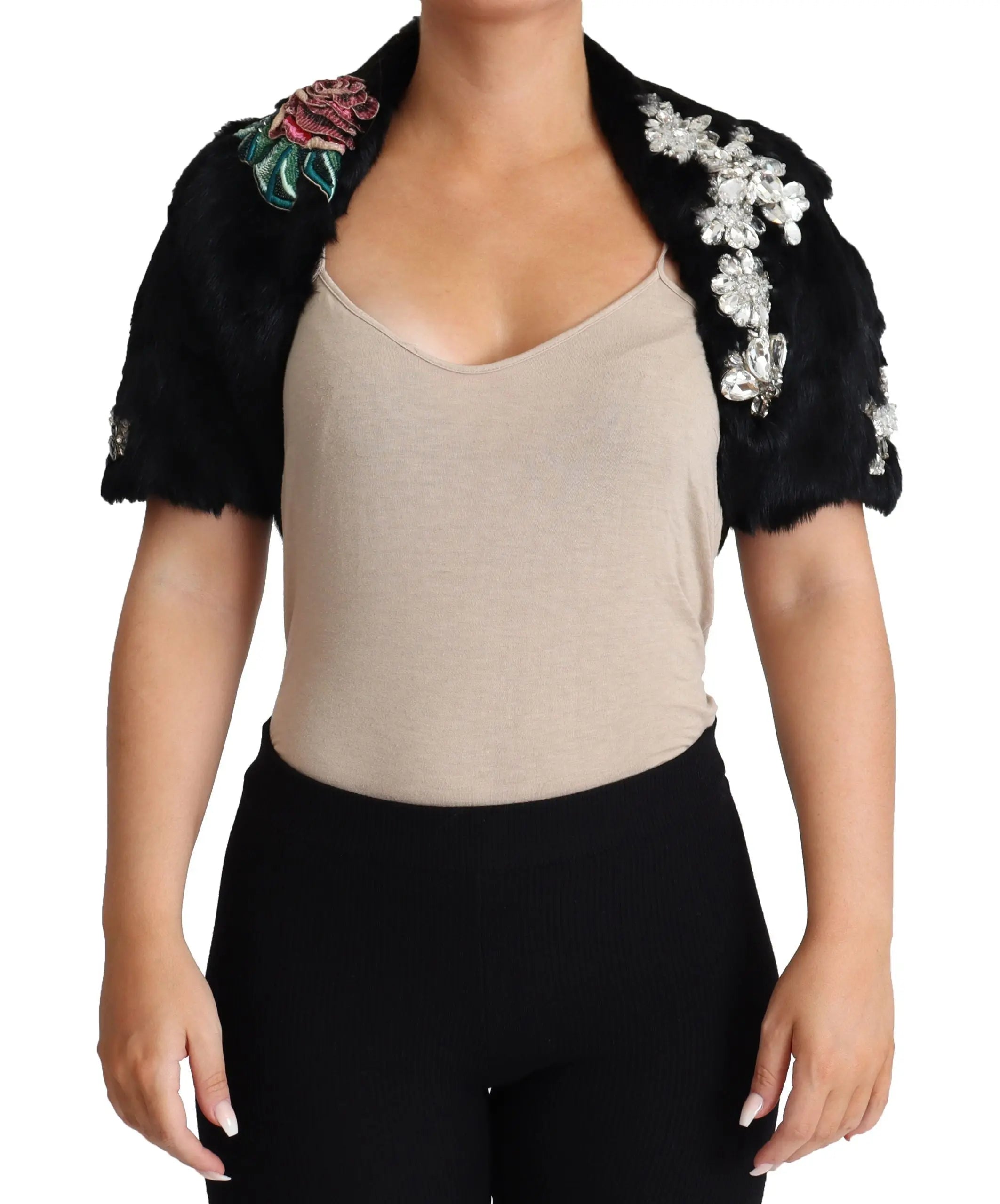 Dolce & Gabbana Black Rabbit Fur Crystals Sequin Coat - Zeiniez