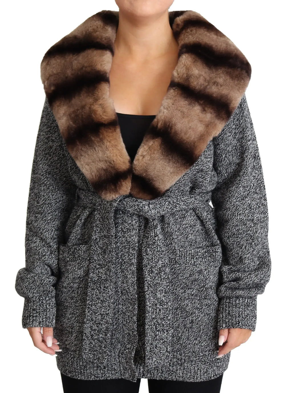 Dolce & Gabbana Gray Cardigan Fur Coat Cashmere Jacket - Zeiniez