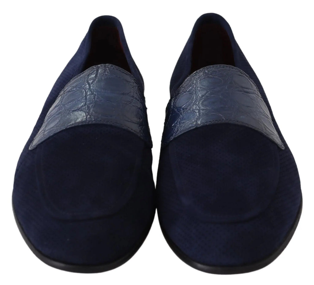 Dolce & Gabbana Blue Suede Caiman Loafers Slippers Shoes - Zeiniez
