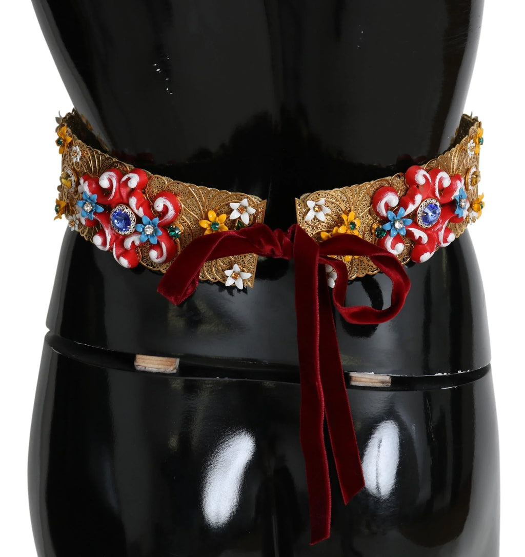 Dolce & Gabbana Embellished Floral Crystal Wide Waist Golden Belt - Zeiniez