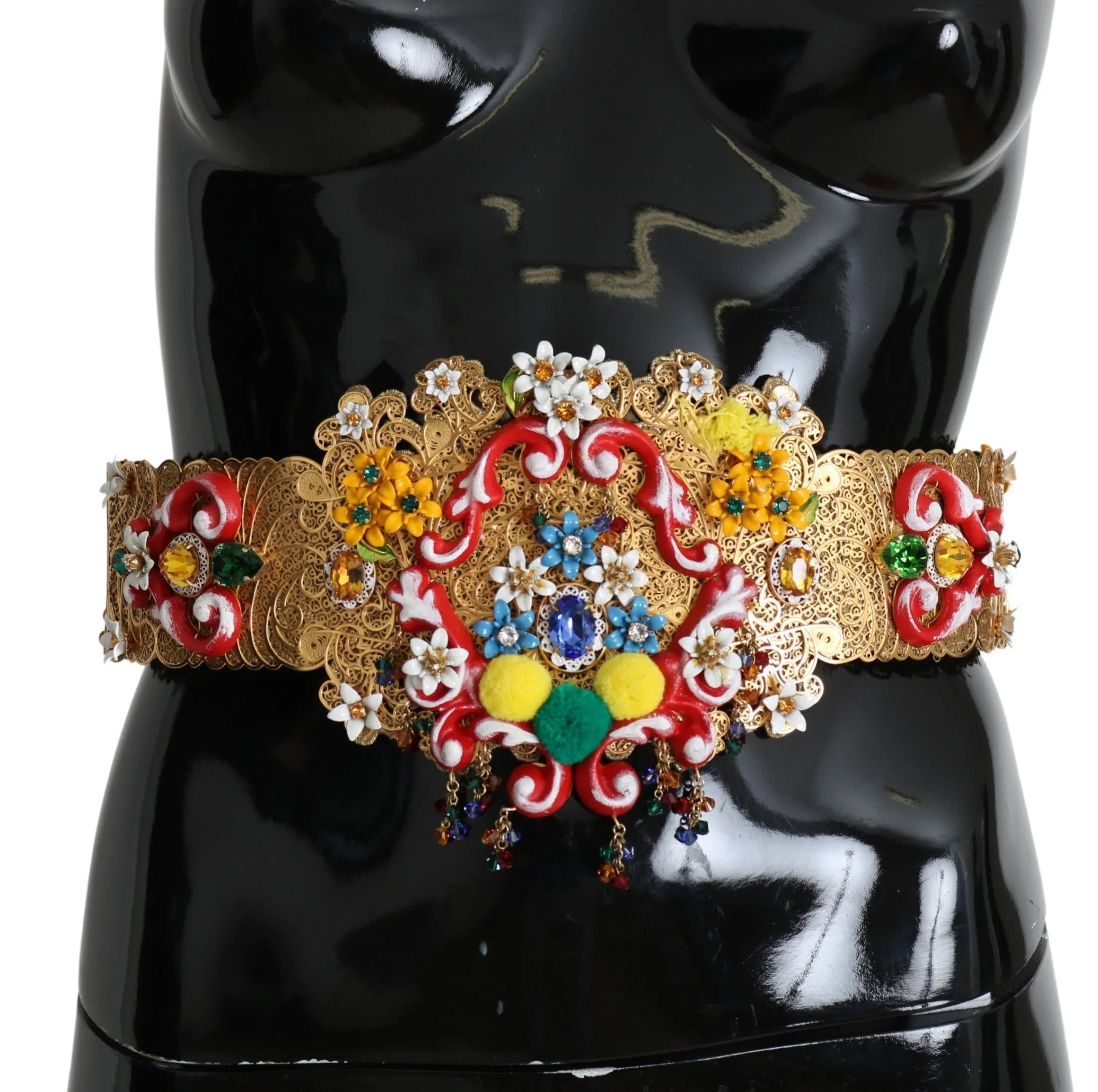 Dolce & Gabbana Embellished Floral Crystal Wide Waist Golden Belt - Zeiniez