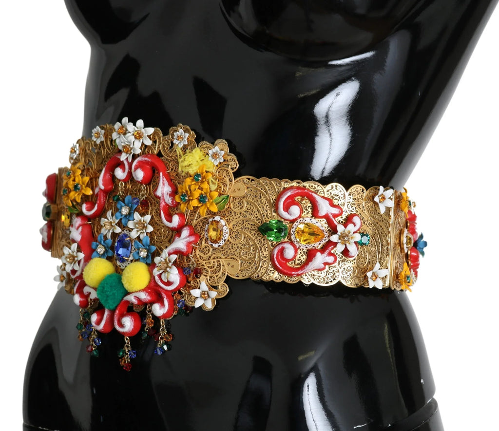 Dolce & Gabbana Embellished Floral Crystal Wide Waist Golden Belt - Zeiniez