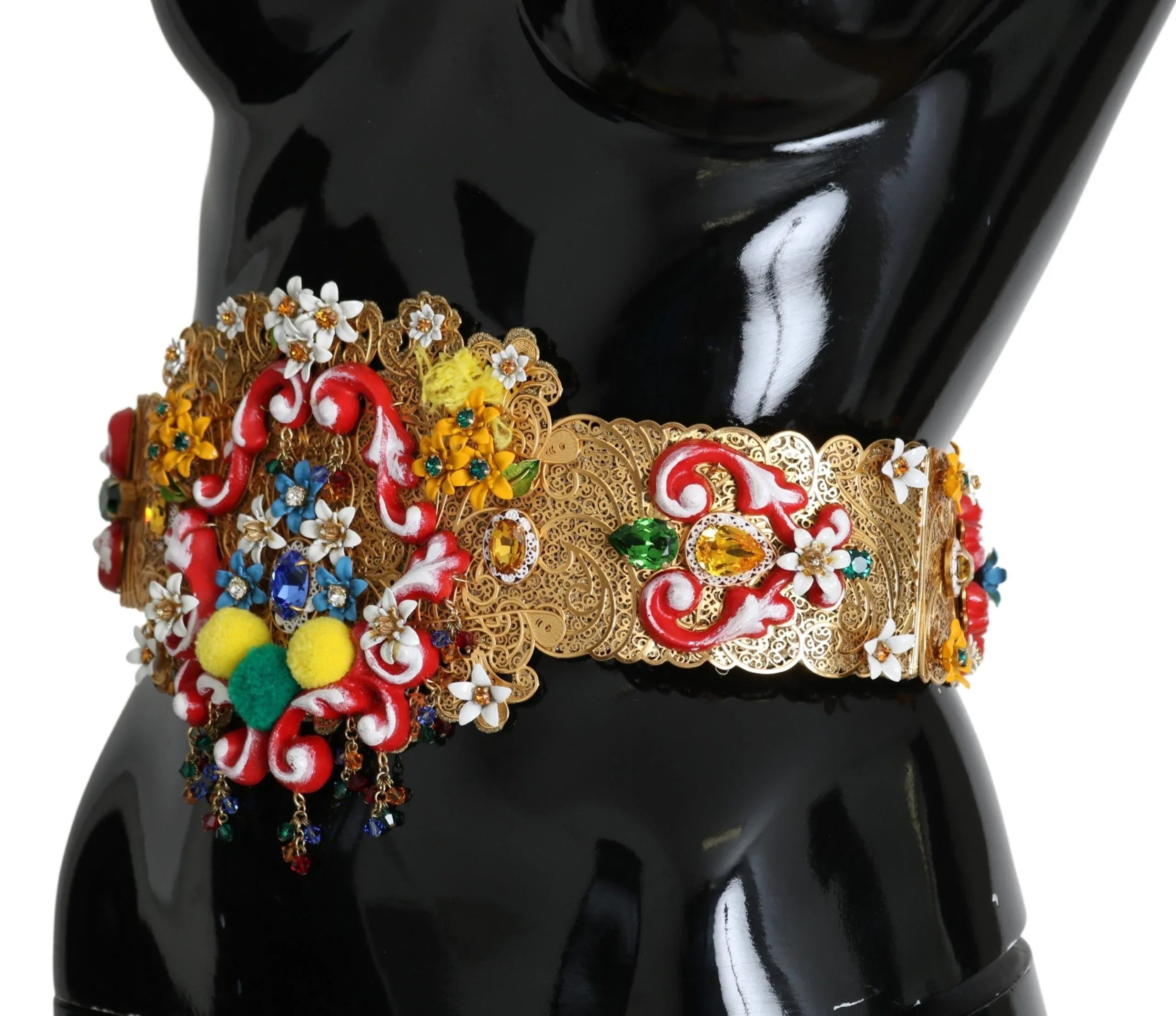Dolce & Gabbana Embellished Floral Crystal Wide Waist Golden Belt - Zeiniez