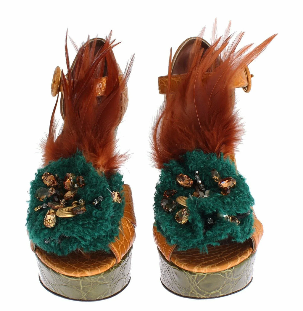 Dolce & Gabbana Orange Leather Crystal Platform Sandal Shoes - Zeiniez