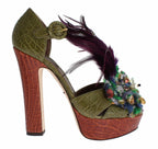 Dolce & Gabbana Green Leather Crystal Platform Sandal Shoes - Zeiniez