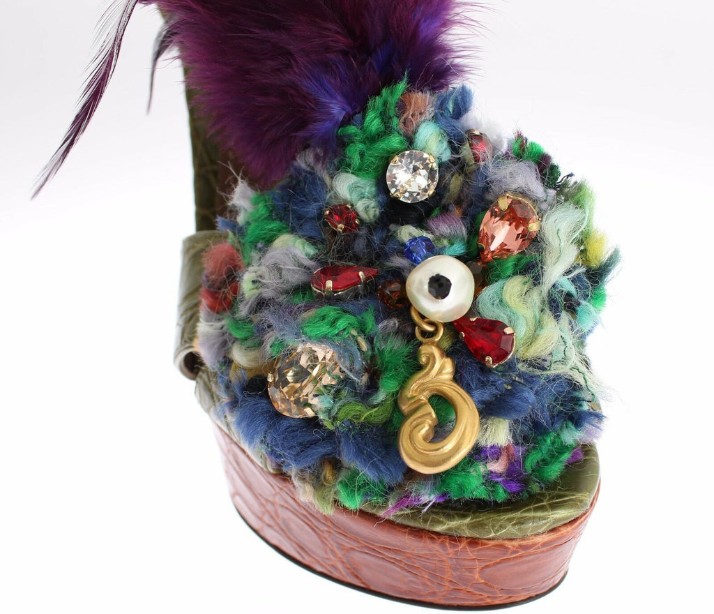 Dolce & Gabbana Green Leather Crystal Platform Sandal Shoes - Zeiniez