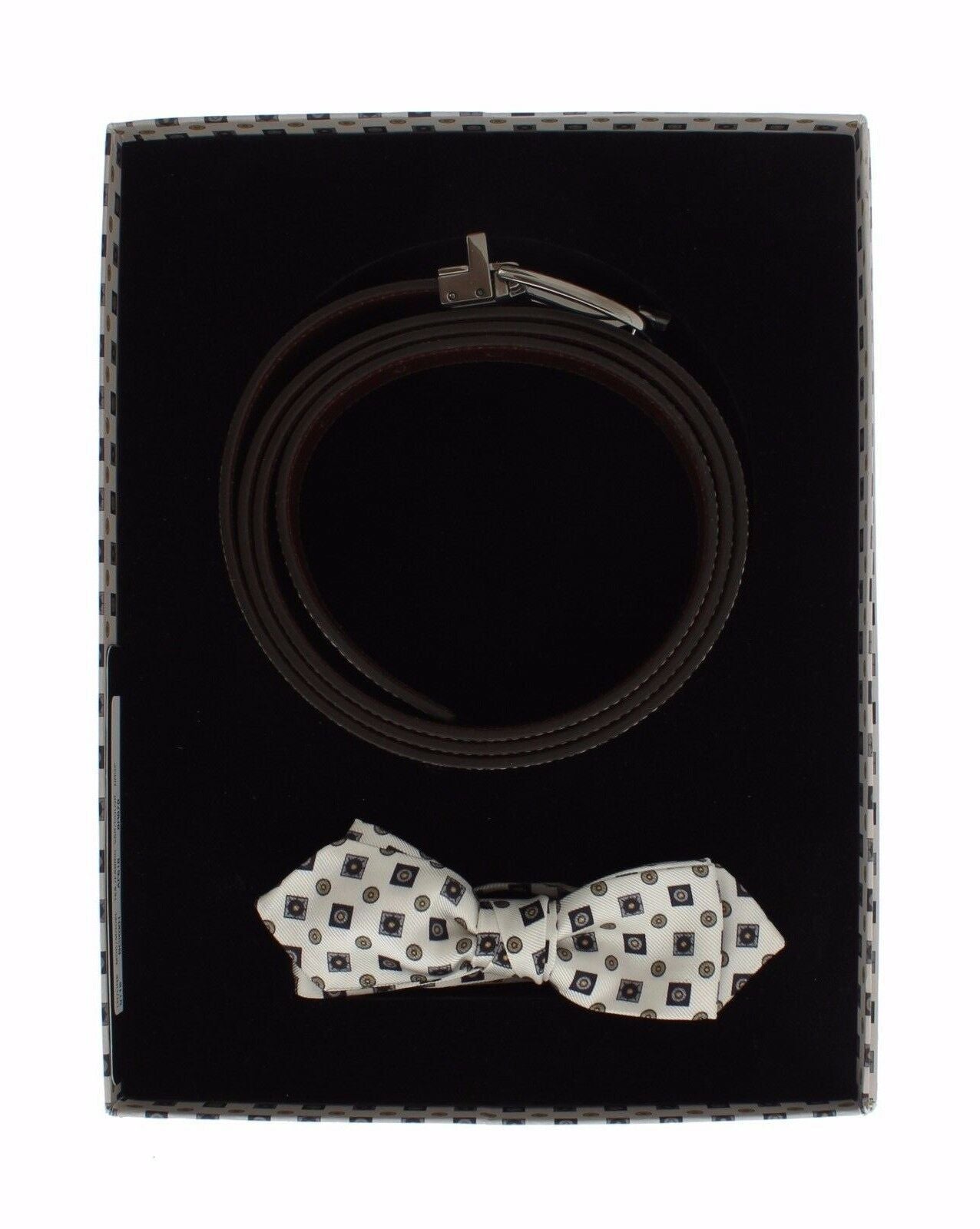 Dolce & Gabbana White Silk Bowtie Leather Men Belt Gift Box - Zeiniez