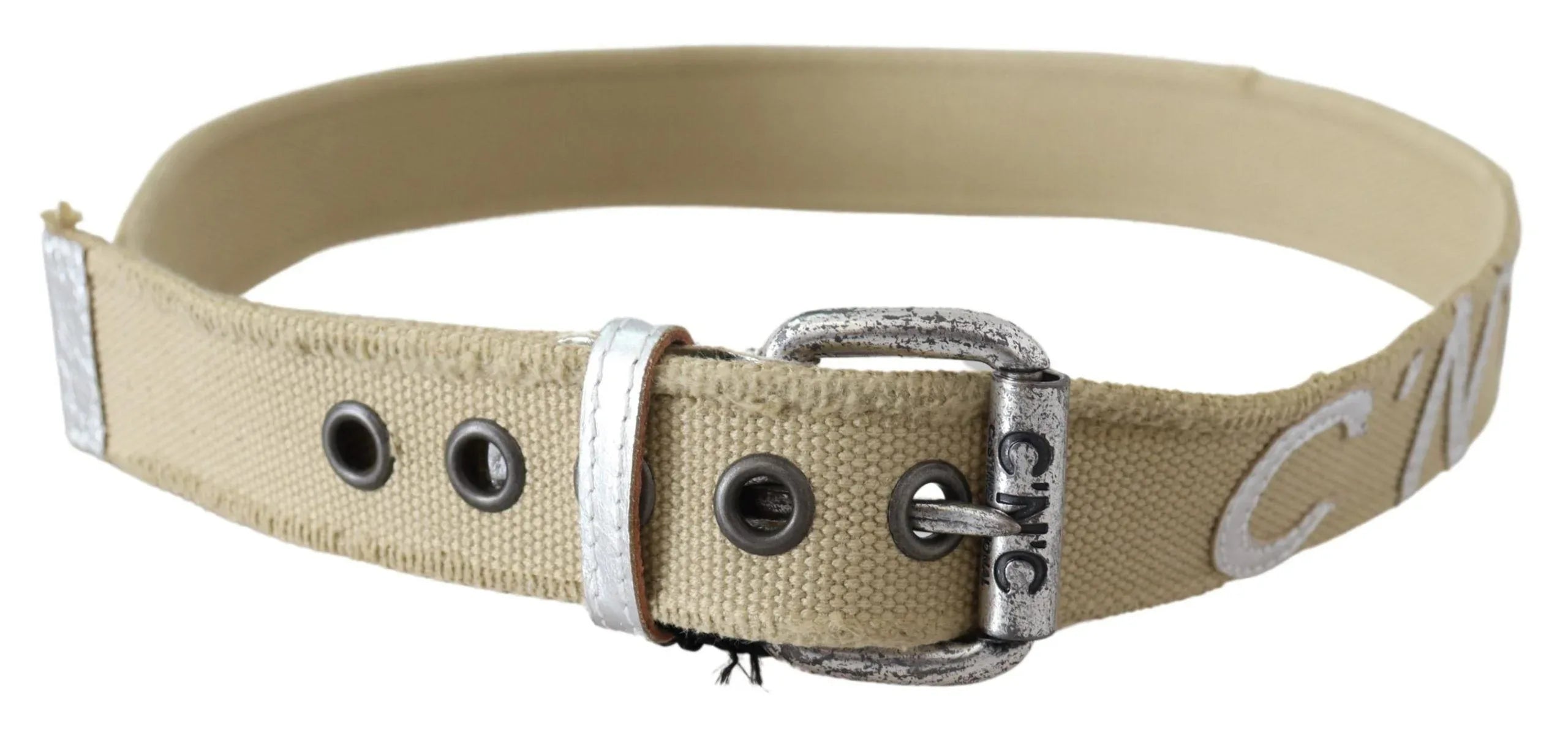 Costume National Beige Cotton Rustic Logo Buckle Belt - Zeiniez