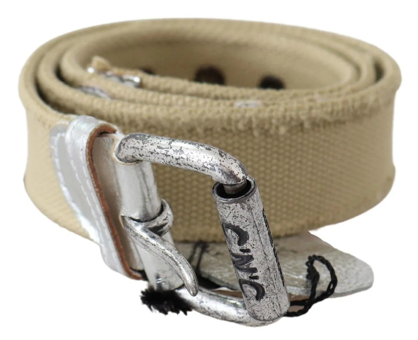 Costume National Beige Cotton Rustic Logo Buckle Belt - Zeiniez