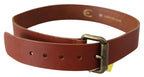 Just Cavalli Brown Leather Logo Bronze Rustic Metal Buckle Belt - Zeiniez