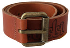 Just Cavalli Brown Leather Logo Bronze Rustic Metal Buckle Belt - Zeiniez