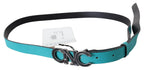 Costume National Blue Green Leather Logo Silver Buckle Belt - Zeiniez