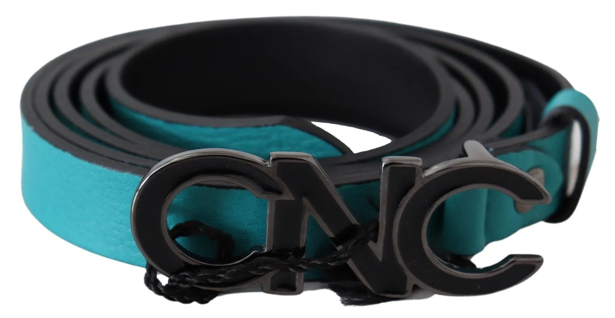 Costume National Blue Green Leather Logo Silver Buckle Belt - Zeiniez