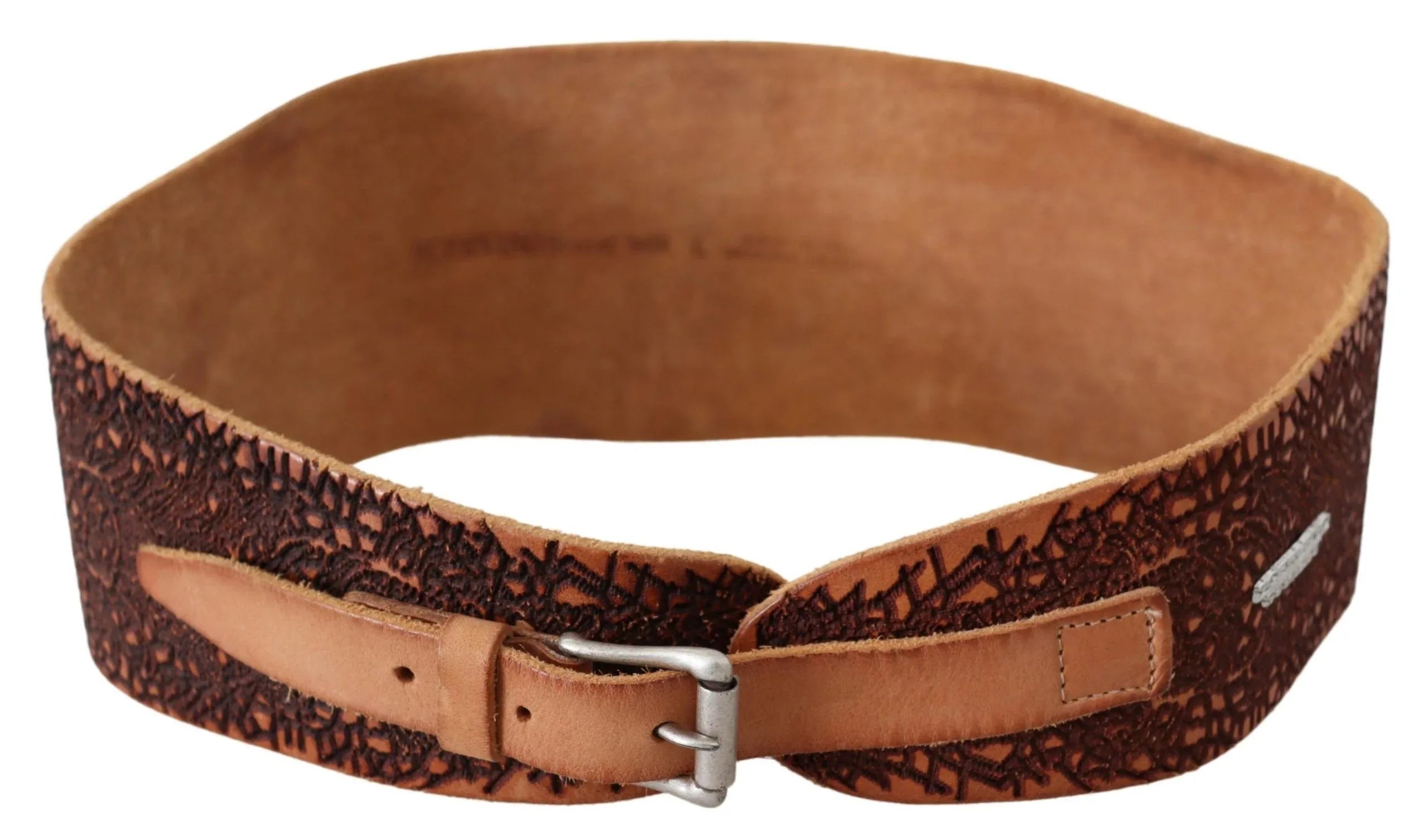 Scervino Street Brown Wide Leather Embroidered Design Logo Belt - Zeiniez