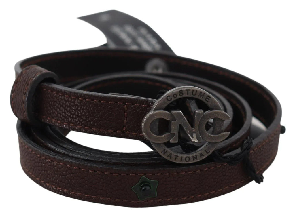 Costume National Brown Skinny Leather Round Logo Buckle Belt - Zeiniez