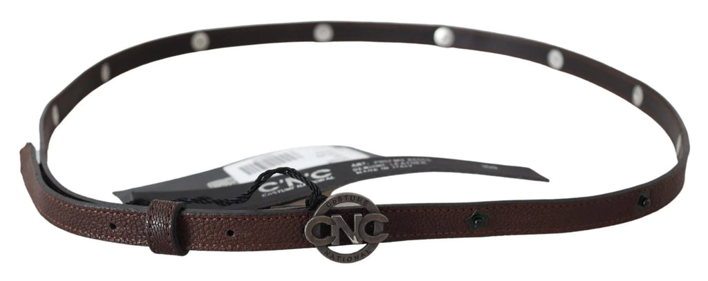 Costume National Brown Skinny Leather Round Logo Buckle Belt - Zeiniez