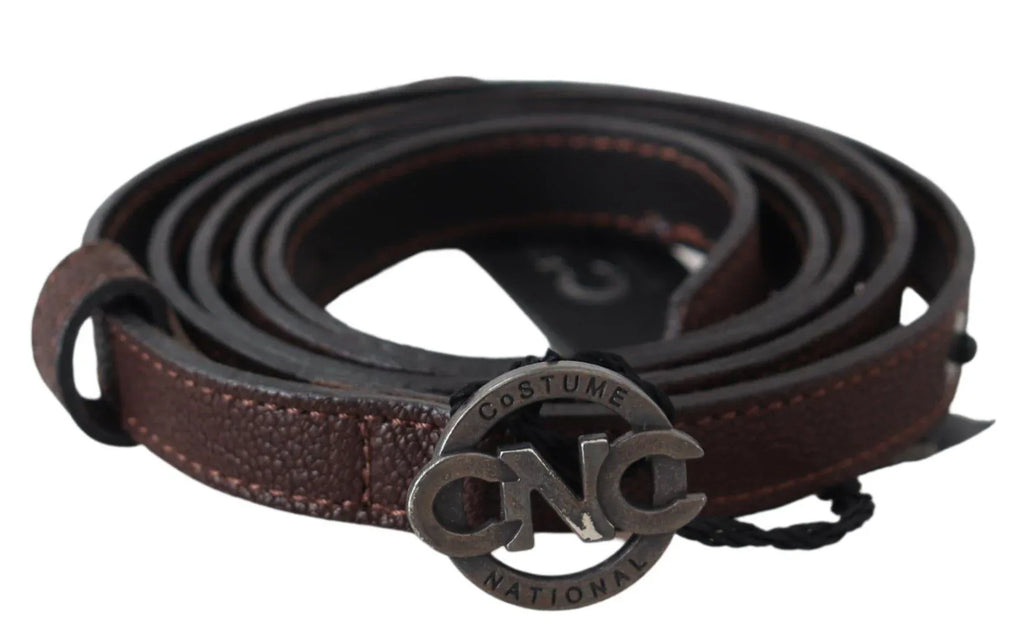 Costume National Brown Skinny Leather Round Logo Buckle Belt - Zeiniez