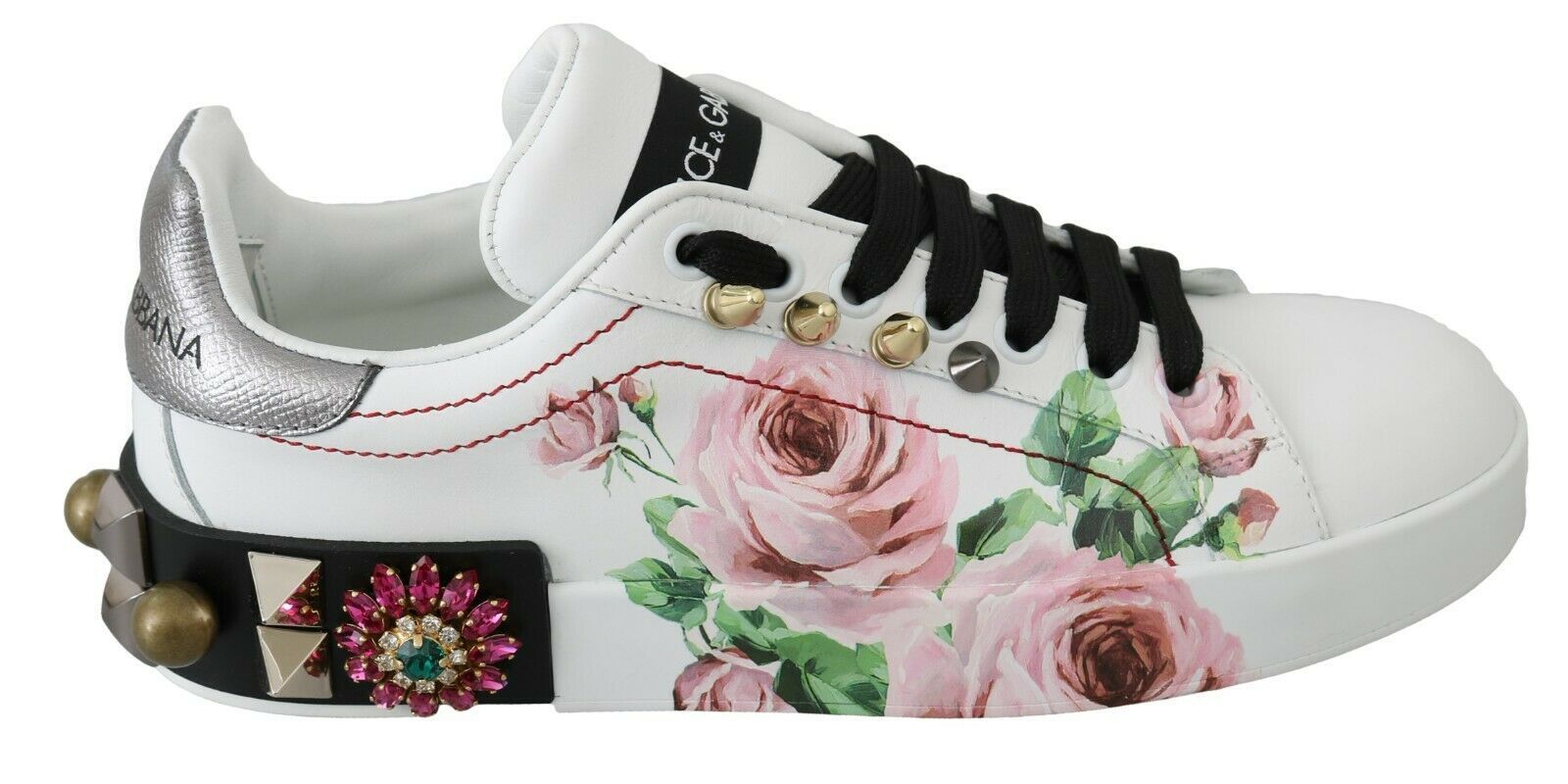 Dolce & Gabbana White Leather Crystal Roses Floral Sneakers Shoes - Zeiniez