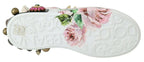 Dolce & Gabbana White Leather Crystal Roses Floral Sneakers Shoes - Zeiniez
