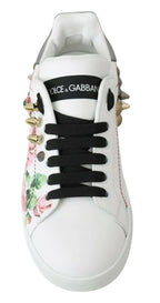 Dolce & Gabbana White Leather Crystal Roses Floral Sneakers Shoes - Zeiniez