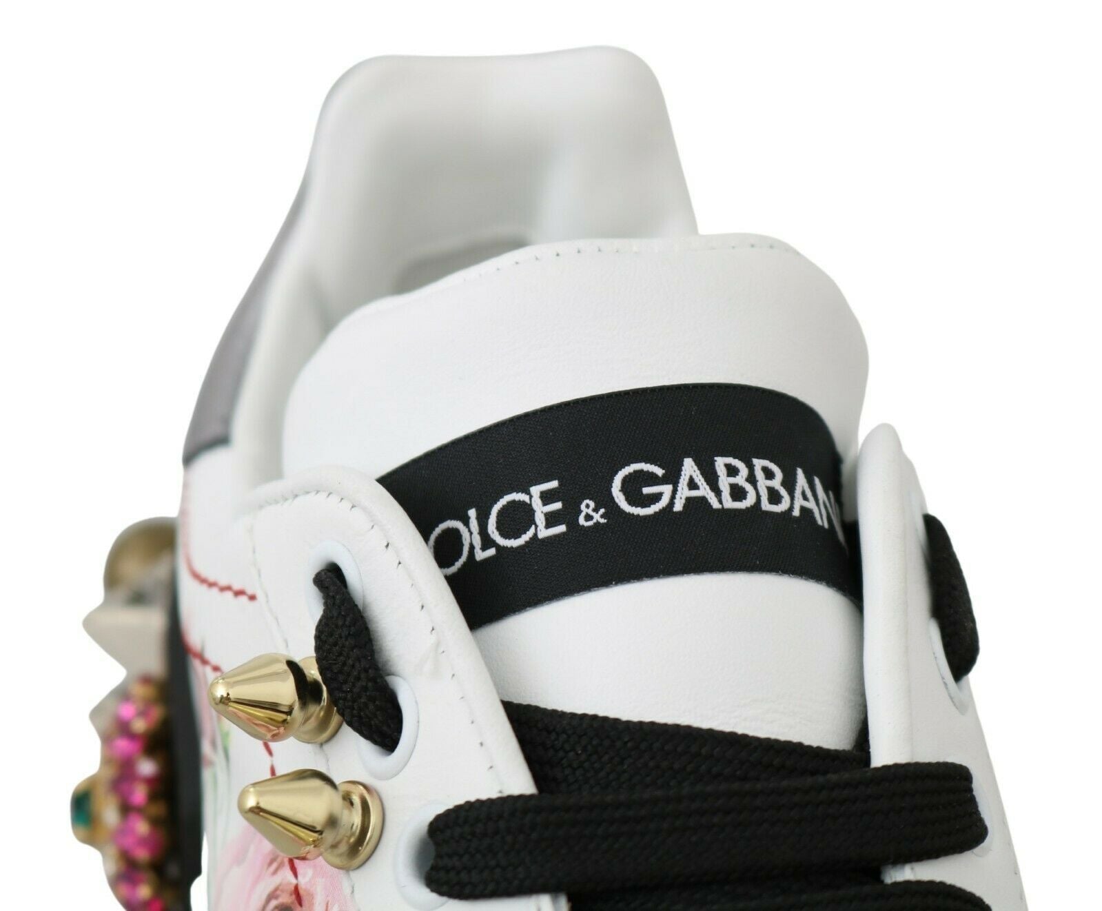 Dolce & Gabbana White Leather Crystal Roses Floral Sneakers Shoes - Zeiniez