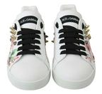 Dolce & Gabbana White Leather Crystal Roses Floral Sneakers Shoes - Zeiniez