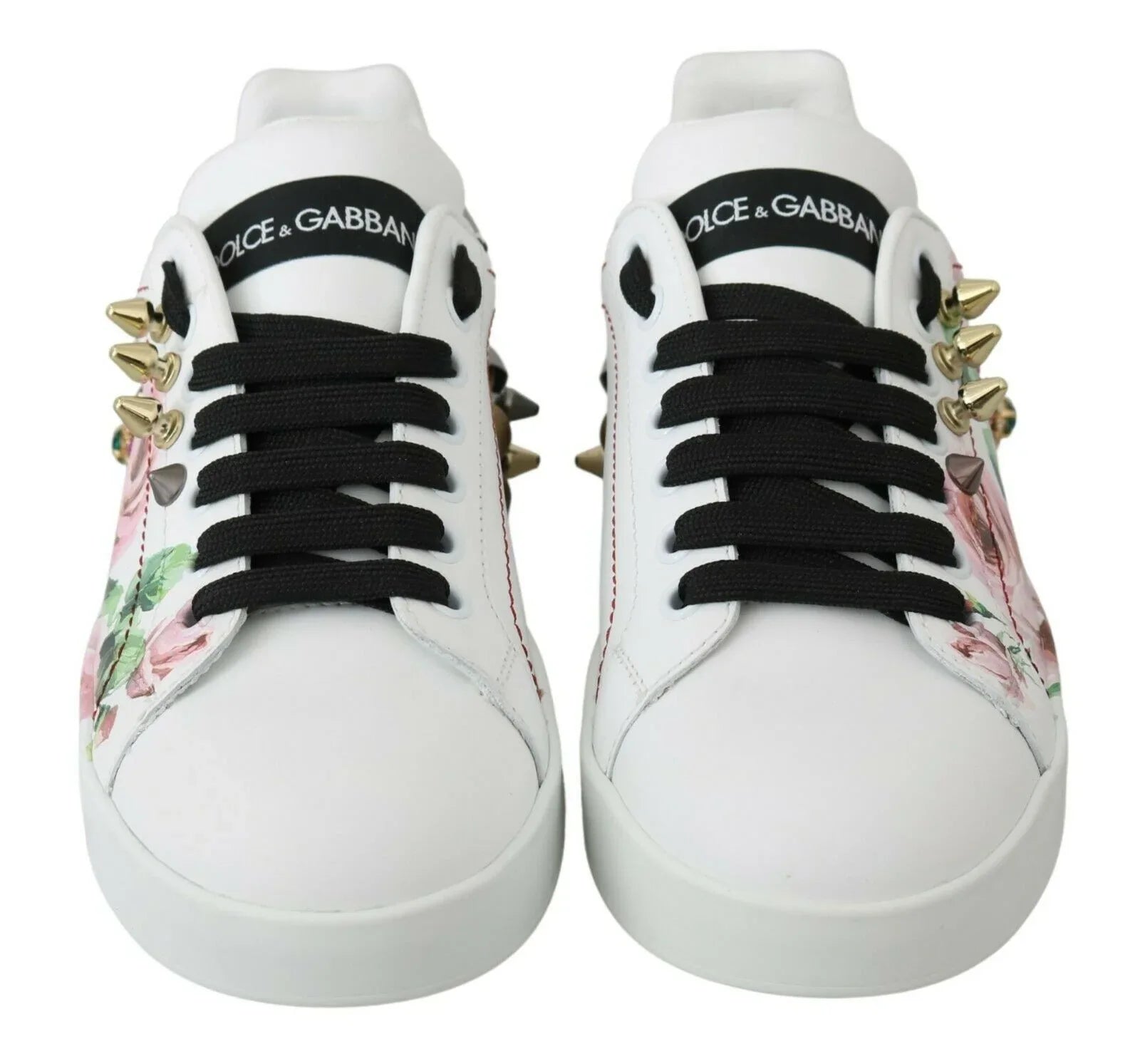 Dolce & Gabbana White Leather Crystal Roses Floral Sneakers Shoes - Zeiniez