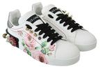 Dolce & Gabbana White Leather Crystal Roses Floral Sneakers Shoes - Zeiniez